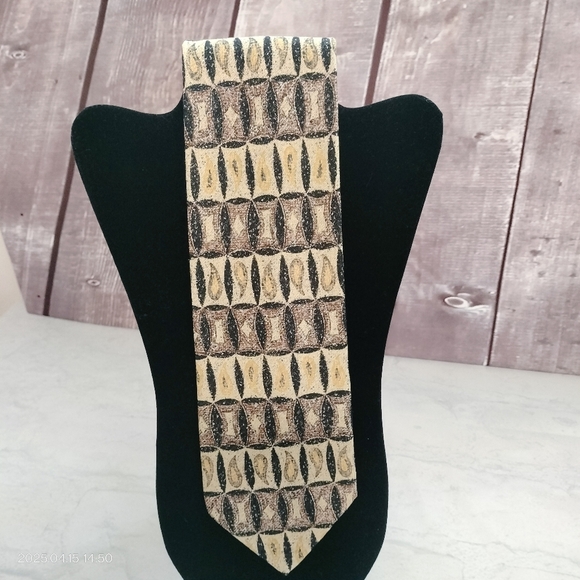 Pavone  Silk Necktie Patterned Brown Black Gold Abstract Woven Tie Hand Made - Picture 1 of 10